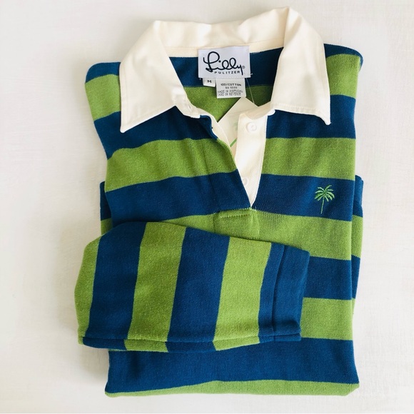 Lilly Pulitzer Sweaters - [Lilly Pulitzer] VTG White Label Cotton Striped Cadet Blue Knit Rugby Sweater